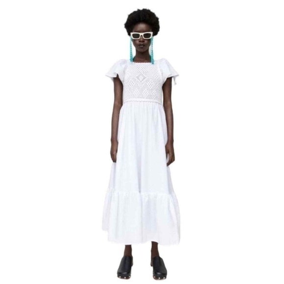 ZARA linen blend crochet Dress Maxi L Cottagecore Open Back coastal Beachy new - Picture 5 of 12